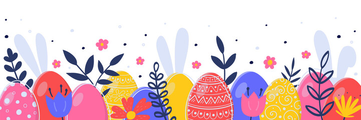 Easter banner with hand drawn eggs, bunnies and flowers on transparent background. Concept of Easter decoration. PNG illustration