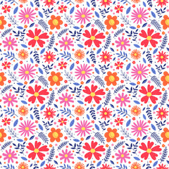 Floral seamless pattern. Transparent spring background with colourful hand drawn flowers and leaves. PNG. Vector illustration