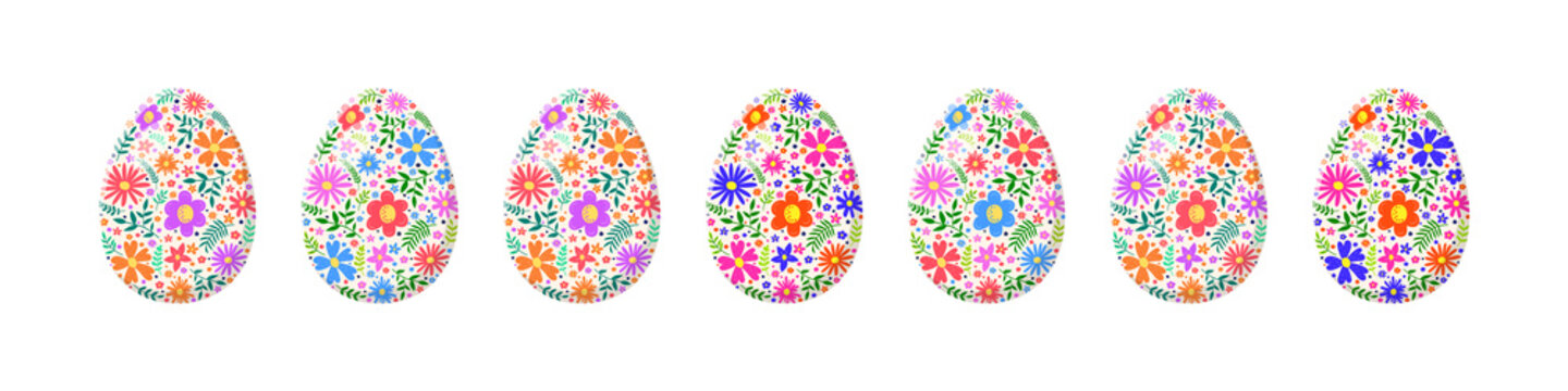 Colourful floral eggs on transparent background. Easter design. PNG illustration