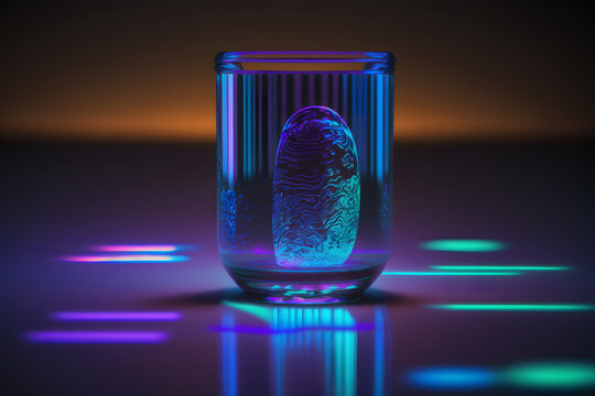 Fingerprint on empty glass glowing in ultraviolet created with generative AI technology