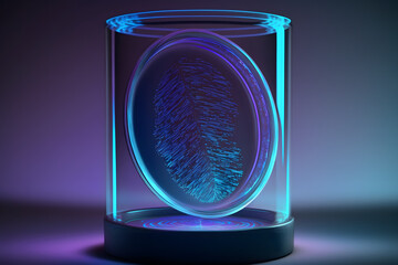Fingerprint on empty glass glowing in ultraviolet created with generative AI technology - obrazy, fototapety, plakaty