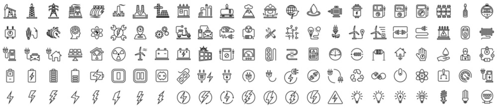 Electricity icons vector set. Set of green energy thin line icons