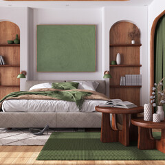 Cozy wooden bedroom with parquet, double bed with duvet, tables and carpet in white and green tones. Niches and arched door. Farmhouse interior design