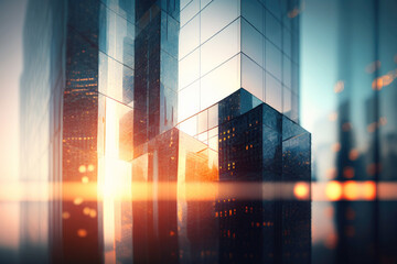 Glass futuristic skyscrapers, cityscape, sun reflection in glass buildings at sunset, sun flare. Generative ai