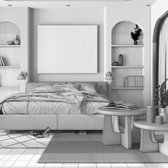 Blueprint unfinished project draft, cozy wooden bedroom with parquet, double bed with duvet, tables and carpet. Niches and arched door. Farmhouse interior design