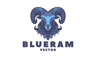 Vector logo, head of a blue ram on a white isolated background. Sticker, icon or emblem. Wild horned artiodactyl animal.