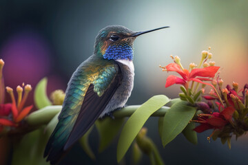 Fototapeta premium Detailed illustration, render of a humming bird on a colorful floral background sitting on a tree branch. Generative AI