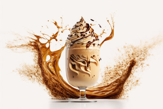Delicious ice coffee milkshake topped with whipped cream splashing brown liquid in the background representing caramel sauce, isolated on white background. Generative AI