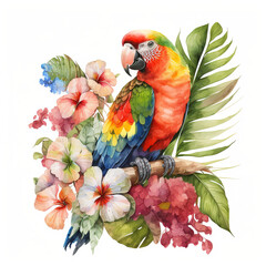 Rainbow Wings, Colorful Parrot with Tropical Flowers Watercolor, Isolated on White Background - Generative AI