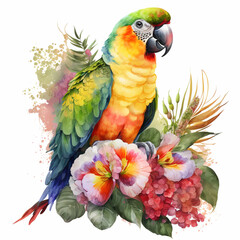 Fototapeta premium Birds of Paradise, Parrot and Tropical Flowers Watercolor, Isolated on White Background - Generative AI