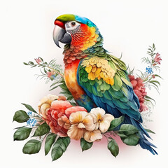 Island Paradise, Vibrant Parrot with Exotic Floral Watercolor, Isolated on White Background - Generative AI