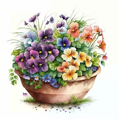 Naklejka na ściany i meble The Beauty of Spring, Watercolor Painting of Planter with Spring Flowers, Isolated on White Background - Generative AI