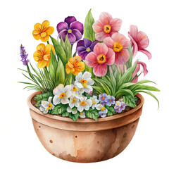 Obraz na płótnie Canvas A Patch of Spring, Watercolor Spring Flowers in Planter Pot, Isolated on White Background - Generative AI