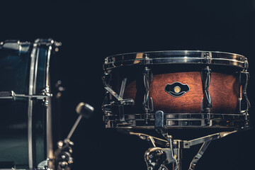 Fototapeta na wymiar Close-up, snare drum on a dark background isolated.