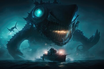 Obraz na płótnie Canvas huge robotic beast in the sea and a small ship, generative AI