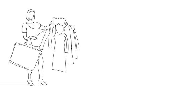 Animation of an image drawn with a continuous line. Woman in a clothing store. The girl with a bag chooses a dress.