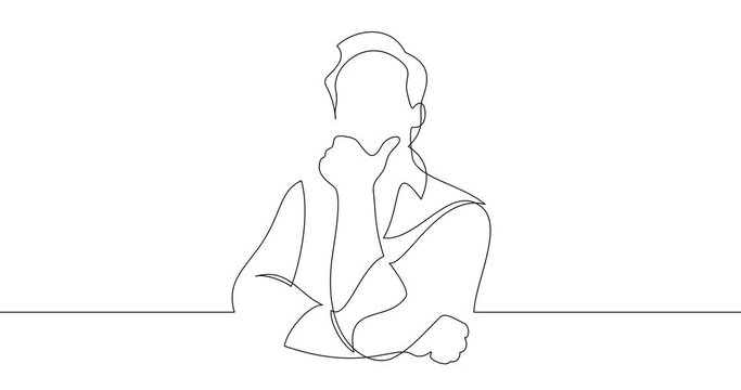 Animation of an image drawn with a continuous line. The man stands and supports his head with his hand. The guy is thinking.