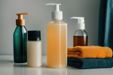 Fototapeta na wymiar Liquid soap and shampoo in the bathroom, personal care and health products, Generative AI.