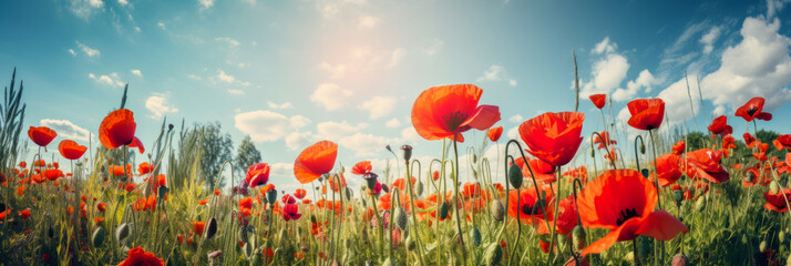 Field of red poppies against blue sky - Generative AI