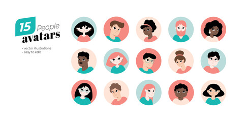 People avatars. Set of modern avatars designs. Men and women characters with different skin colors and haircuts. Vector illustrations for user profile, social media, website and app design.