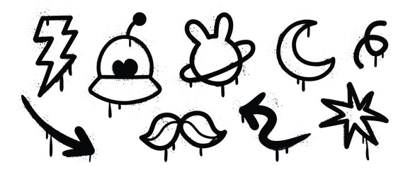 Set of graffiti spray pattern. Collection of black symbols, arrow, star, bolt, moon and stroke with spray texture. Elements on white background for banner, decoration, street art and ads.