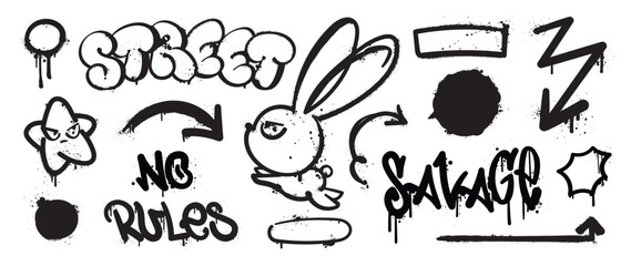 Set of graffiti spray pattern. Collection of black symbols, arrow, star, rabbit, text, bomb and stroke with spray texture. Elements on white background for banner, decoration, street art and ads. © TWINS DESIGN STUDIO