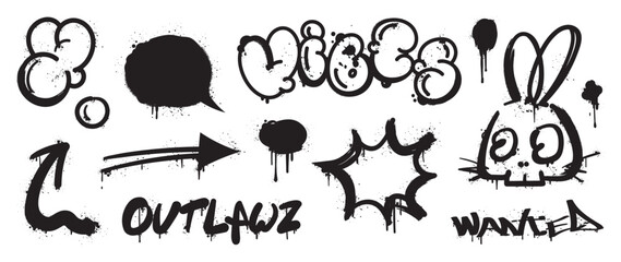 Set of graffiti spray pattern. Collection of black symbols, arrow, rabbit, text and stroke with spray texture. Elements on white background for banner, decoration, street art and ads.