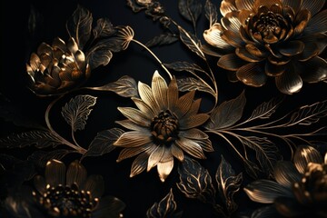 detailed gold flower on a dark background. Generative AI