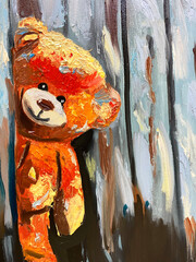Original oil painting. Soft toy. Teddy bear. contemporary painting 