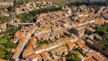 Aerial view of Ronciglione, a city near Viterbo, central Italy. The Castle, originally built in the High Middle Ages and the Cathedral, a Baroque edifice, are the main points of interest.