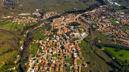 Aerial view of Ronciglione, a city near Viterbo, central Italy. The Castle, originally built in the High Middle Ages and the Cathedral, a Baroque edifice, are the main points of interest.