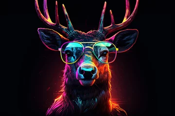 Gordijnen Generative AI illustration of a realistic hipster character Deer in sunglasses and neon colors. © Anastasia