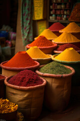 The colourful spices on a stall in the bazaar. ai generative