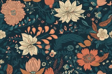 vibrant floral pattern featuring orange and blue flowers. Generative AI