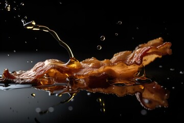 Crispy bacon strips with droplets of grease and oil splashing around - food products created with generative AI technology