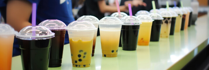 Row of bubble tea cups in a bubble tea shop, blurred background, wide