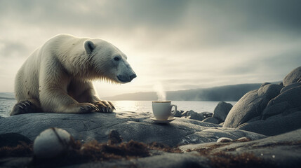 Obraz na płótnie Canvas A polar bear is sitting next to a coffee mug. AI generated
