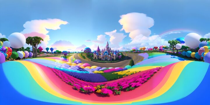 Photo of a beautiful rainbow landscape with a majestic castle in the background