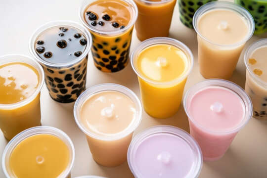 Cups of flavored bubble tea with tapioca and milk, from above