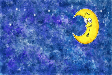 Obraz na płótnie Canvas illustration of surprised cartoon moon in watercolor night sky