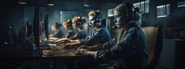 Employees in the call center at computers. The concept of helping people. AI generated