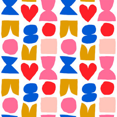 Cute and simple pattern with cut out abstract shapes. Colourful seamless texture with heart, circle, square and abstract figures. Hand drawn modern background in vivid colours - obrazy, fototapety, plakaty