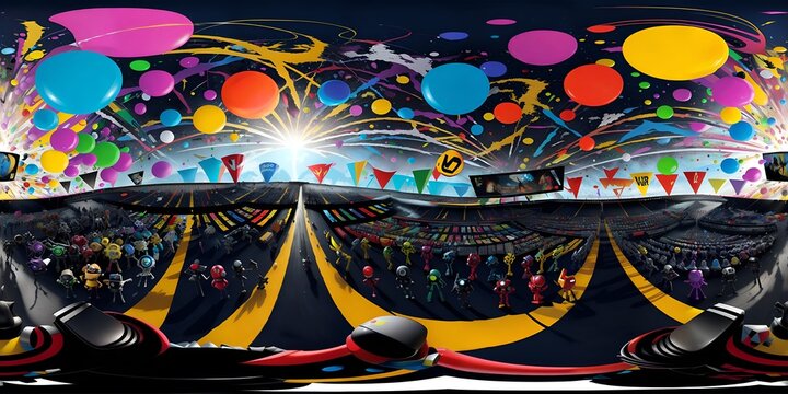 Photo of a colorful circus tent adorned with balloons and streamers