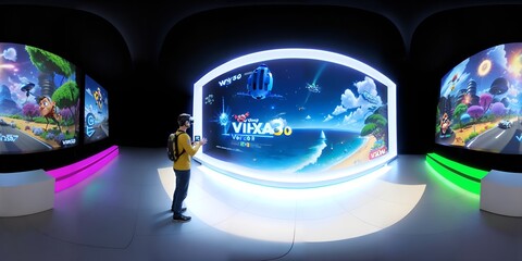 Photo of a man standing in front of a video game display with excitement