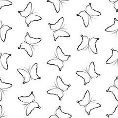 Black butterflies vector seamless pattern. Line drawings on white background. Best for textile, wallpapers, wrapping paper, package and home decoration.