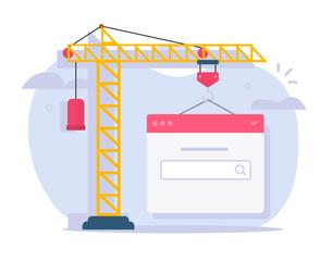 Building web site new vector or website development creation process via crane flat cartoon graphic illustration, digital service product, online application builder image