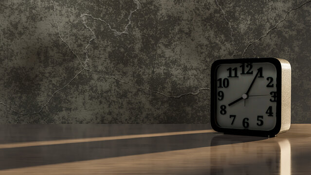 Alarm clock on desk and dark tone. Light shines through the window from the side. Can be used for background in education or business. 3D Render.