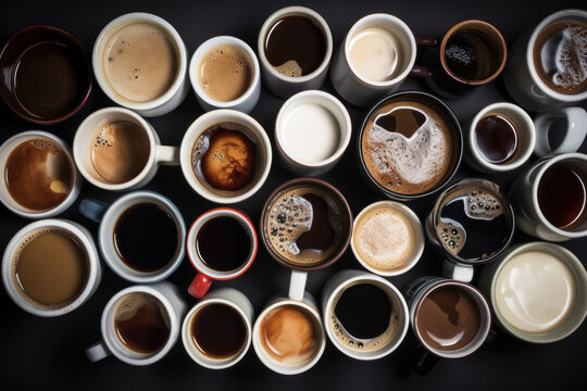 Overhead top view of lots of different cups of coffee. Generative ai © ink drop
