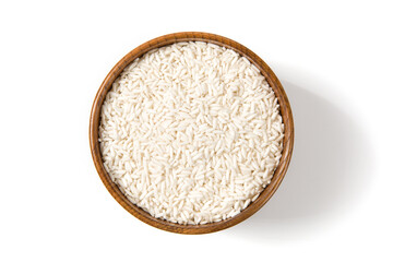 Organic glutinous rice or sticky rice in wooden 
 bowl isolated on white background.