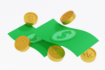 Dollar gold coin and banknote floating in air or falling, jackpot winner concept, 3D rendering.